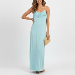 Bonsai California Maxi Dress Boho‎ Fringe Spaghetti Strap Turquoise Blue Size L